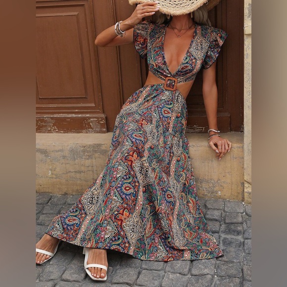 WILA Dresses & Skirts - Backless cut out paisley print boho gypsy tiered maxi dress rainbow colorful